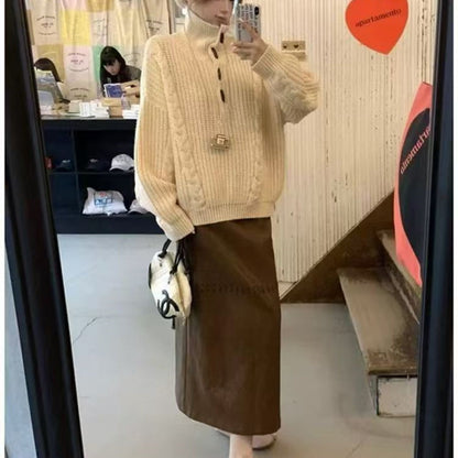 Women's chunky knit sweater with cable pattern and button details NOVAE