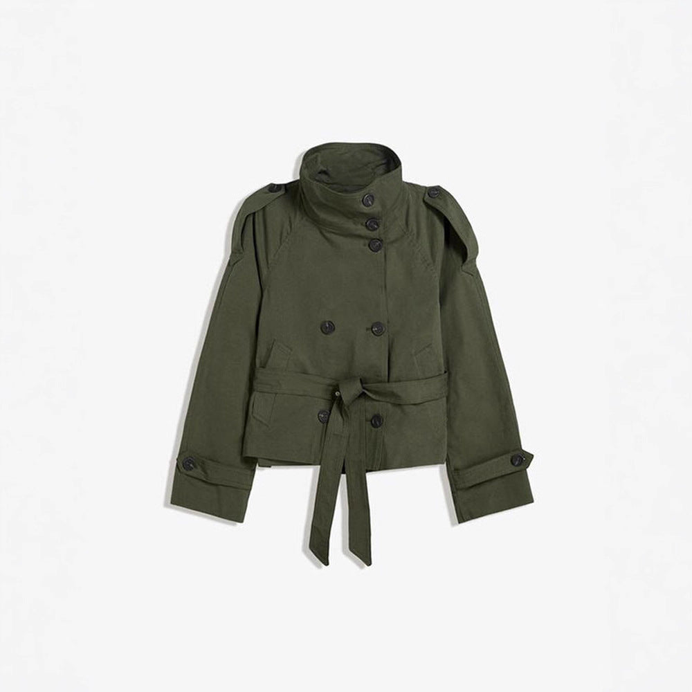 Women's fashionable trench jacket with waist belt and stand-up collar NOVAE