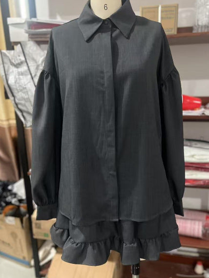 Women's striped shirt blouses with voluminous sleeves and ruffled hem NOVAE