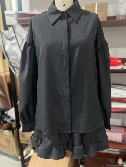 Women's striped shirt blouses with voluminous sleeves and ruffled hem NOVAE