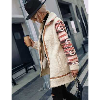 Women's fleece-lined long jacket with fashionable pattern and practical integrated pockets NOVAE