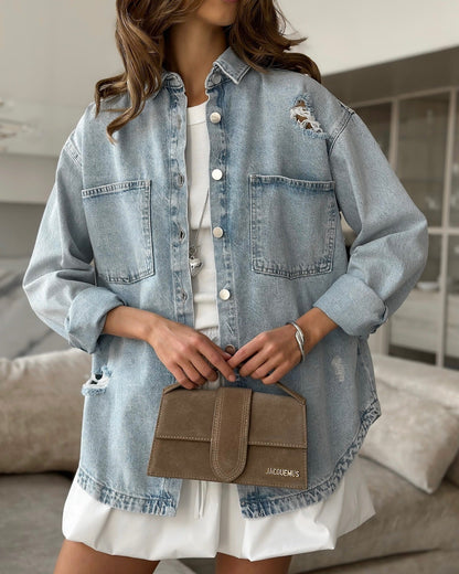 Women's denim jacket with a casual oversized cut and destructive details NOVAE