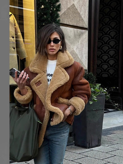 Women's teddy leather jacket with unusual collar and detachable details NOVAE