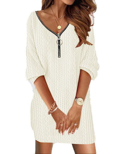 Women's knitted dress with V-neck and zipper detail NOVAE