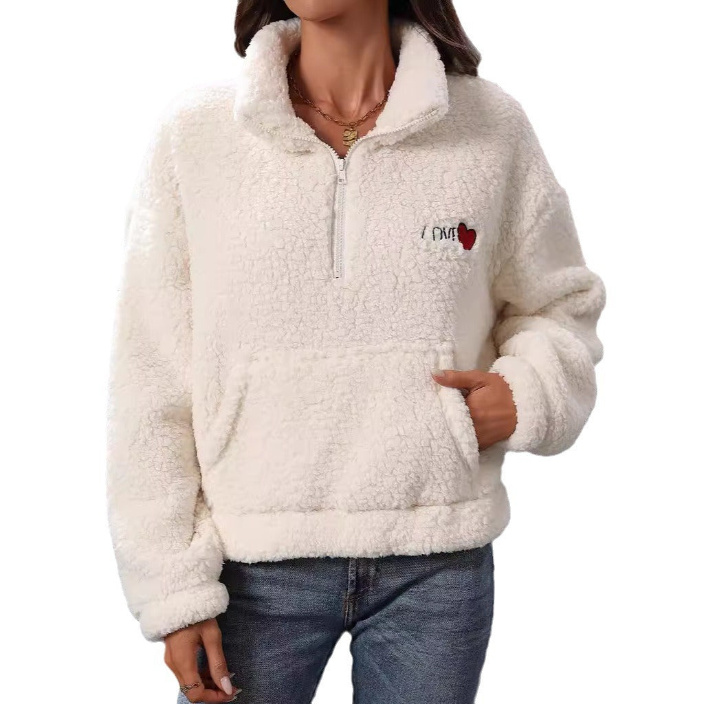 Women's Cozy Fleece Sweater with High Collar and Practical Pockets NOVAE