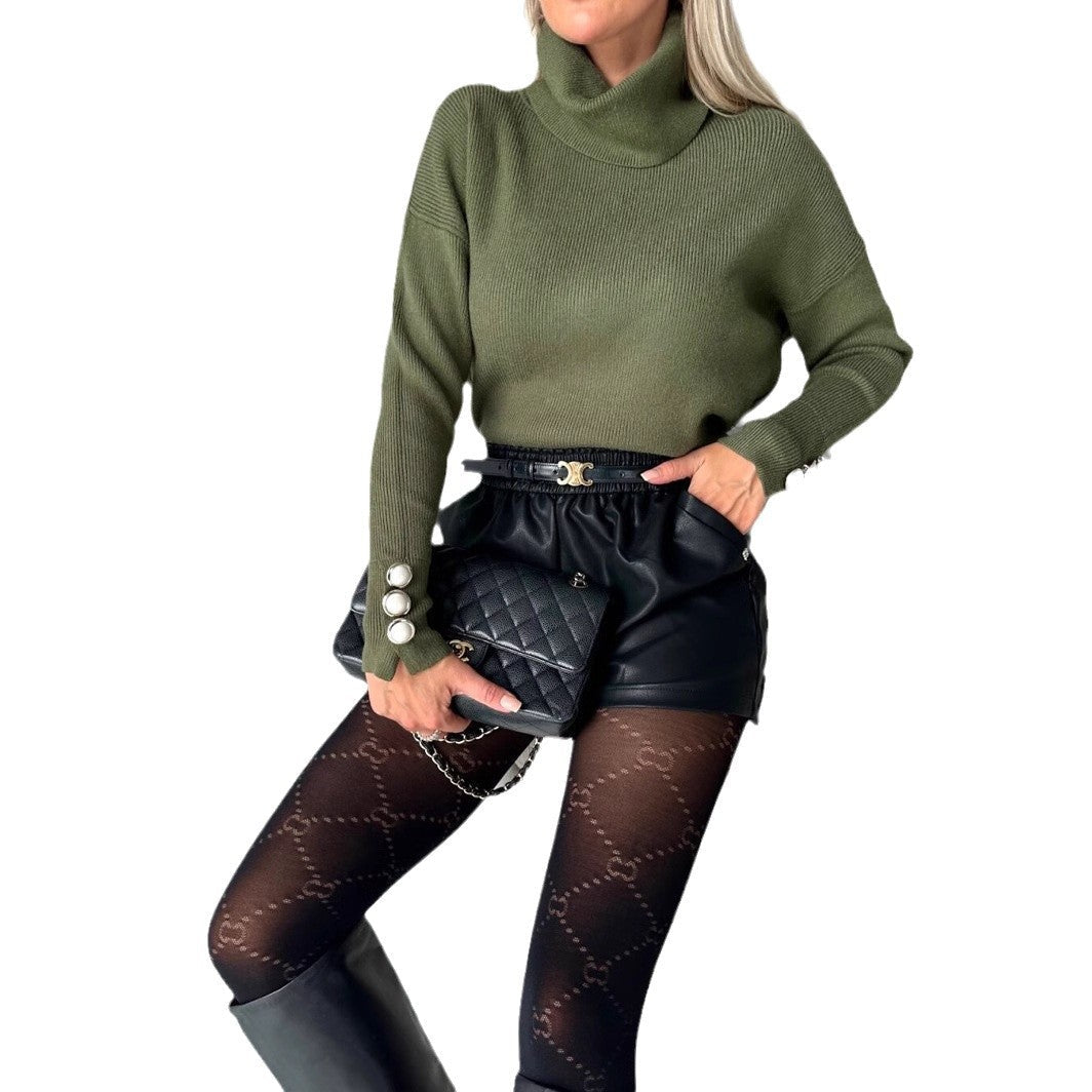 Women's knitted sweater with high collar and decorative buttons NOVAE