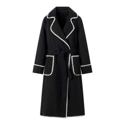 Women's elegant long coat with tie belt and contrasting piping NOVAE
