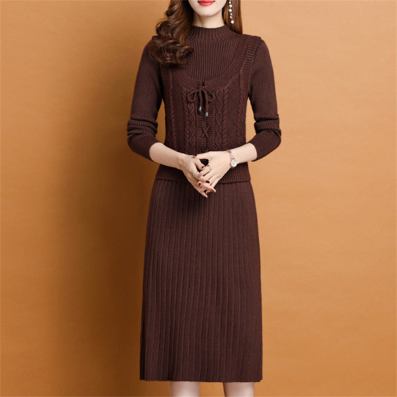 Women's elegant knit dress with high neckline and decorative cable design NOVAE