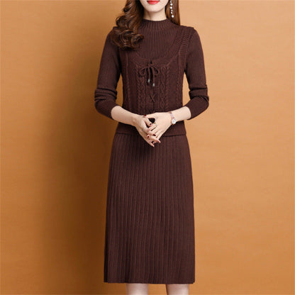 Women's elegant knit dress with high neckline and decorative cable design NOVAE