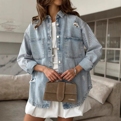 Women's denim jacket with a casual oversized cut and destructive details NOVAE