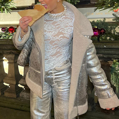 Women's fashionable transitional jacket with luxurious faux fur trim and glossy finish NOVAE