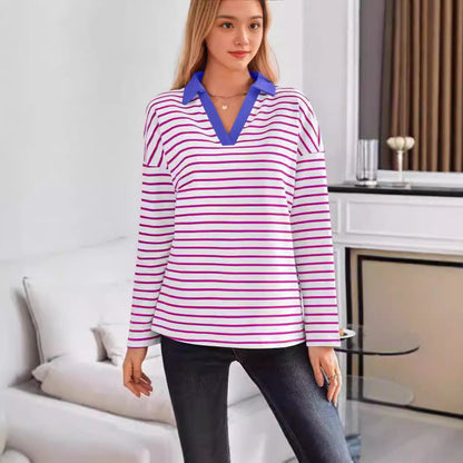 Women's striped polo shirt with V-neck and contrasting collar NOVAE