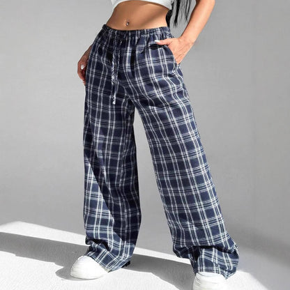 Women's wide-leg checked leisure trousers with elasticated waistband and drawstring NOVAE
