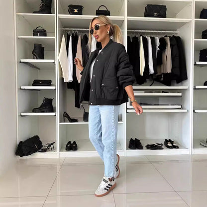 Women's quilted jacket in a casual oversized cut with ribbed knit details NOVAE