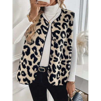 Women's fur vest with leopard print and button closure NOVAE