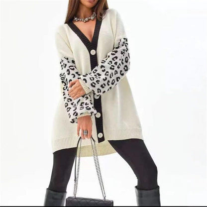 Women's chunky knit cardigan with leopard print and button detailing NOVAE