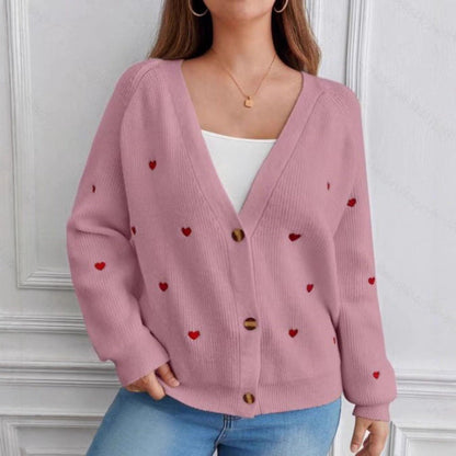 Women's casual cardigan with heart appliqués and deep V-neck NOVAE