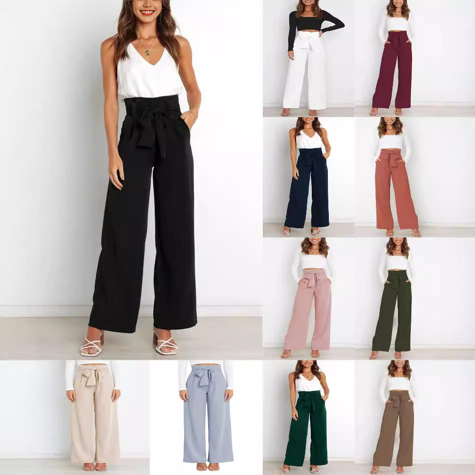 Women's wide-leg trousers with tie belt and elegant pockets NOVAE