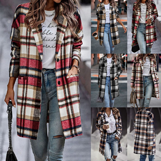 Women's Checked Oversized Coat with Stylish Pockets and Turn-Down Collar NOVAE