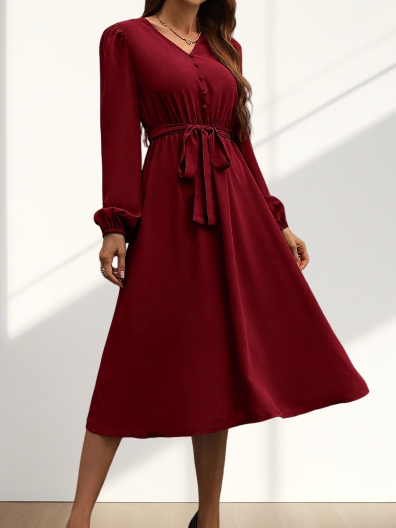 Women's midi dress with waist belt and button details NOVAE