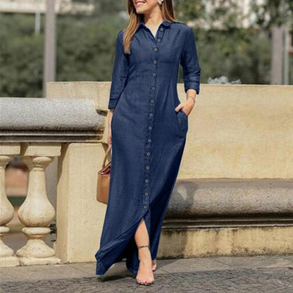 Women's long-sleeved maxi dress with button placket and side pockets NOVAE