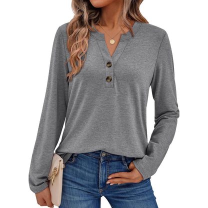 Women's casual long-sleeved shirt with button detail and round neckline NOVAE