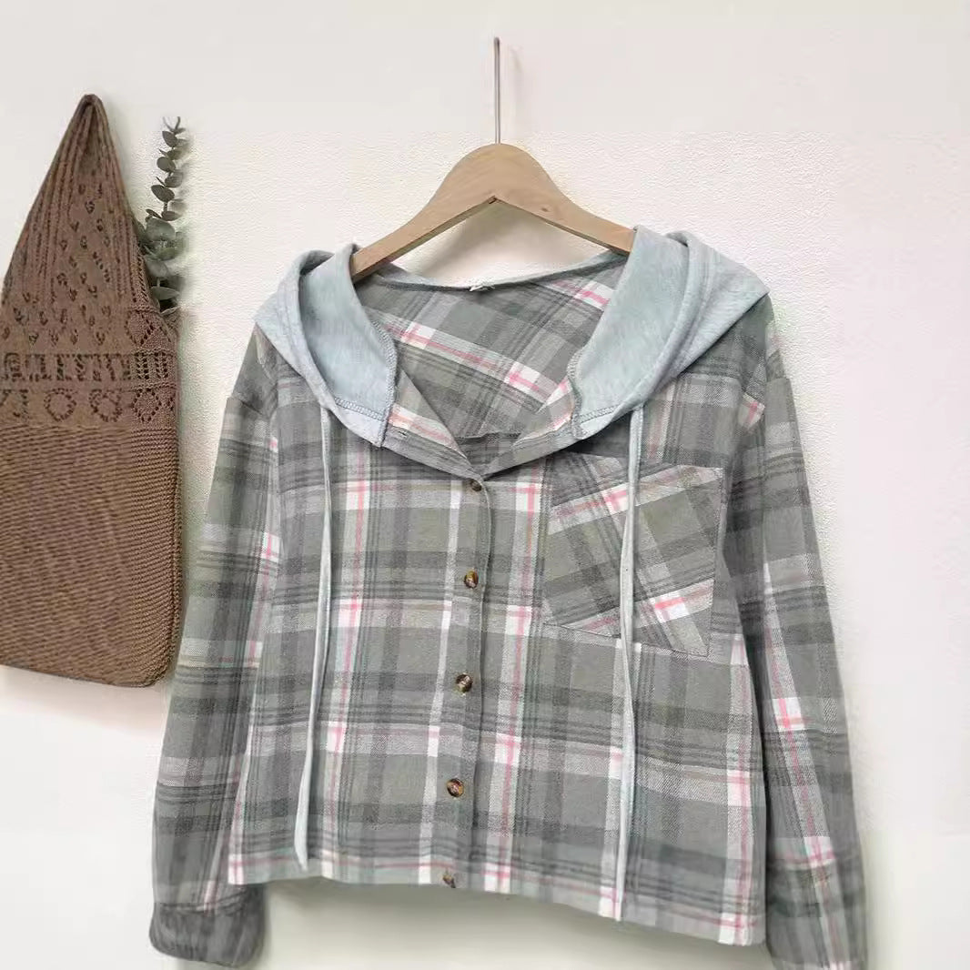 Women's nostalgic checked blouse with hood and button closure NOVAE
