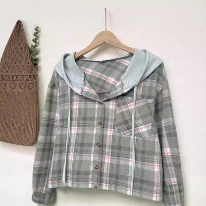 Women's nostalgic checked blouse with hood and button closure NOVAE