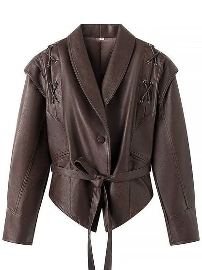 Women's fitted faux leather jacket with playful lacing detail NOVAE