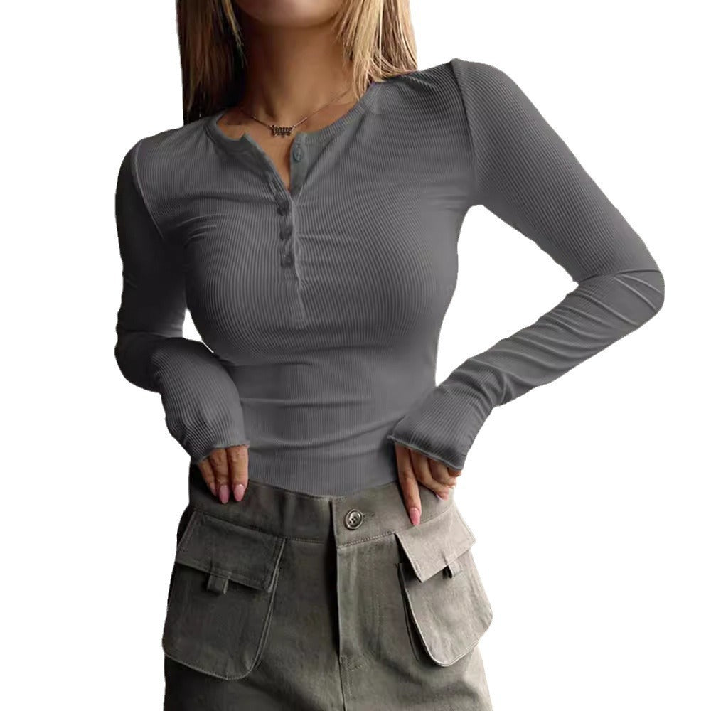 Women's long-sleeved shirt with button placket and fine rib texture NOVAE
