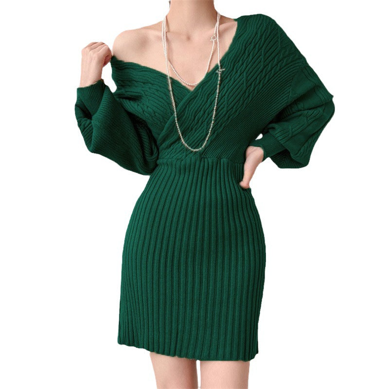 Women's Elegant Knit Dress with V-Neck and Textured Top NOVAE