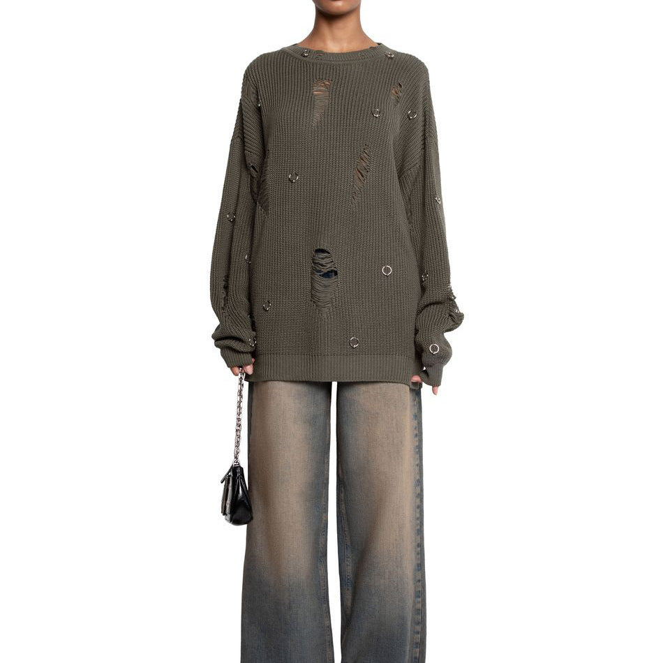 Women's casual sweater with fashionable ripped details and jewelry appliqués NOVAE