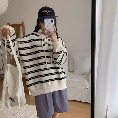 Women's casual striped sweater with button placket and hood NOVAE