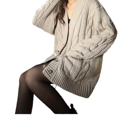 Women's knitted cardigan with deep V-neck and textured cable pattern NOVAE