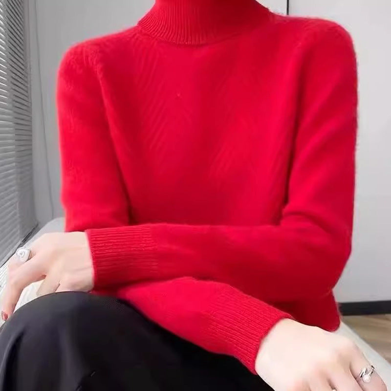 Women's elegant knit sweater with stand-up collar and fine rib texture NOVAE