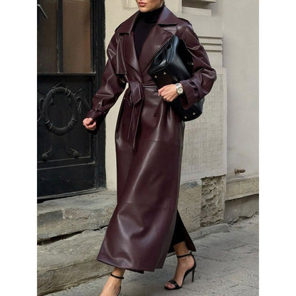 Women's fashionable faux leather trench coat with belt and practical pockets NOVAE