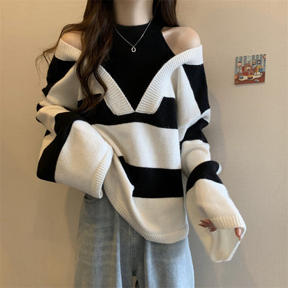 Women's V-neck oversized sweater with fashionable striped pattern and open shoulder design NOVAE