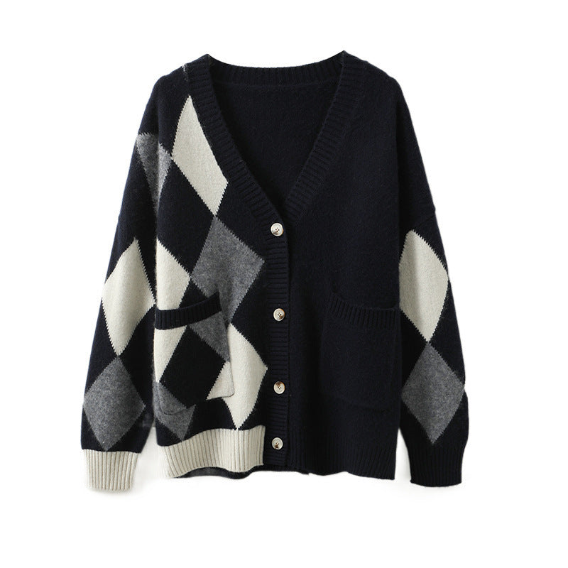 Women's chunky knit cardigan with a modern check pattern and practical pockets NOVAE