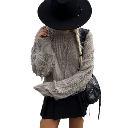 Women's cropped knit sweater with fringed design and trendy texture NOVAE