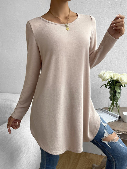Women's casual long-sleeved T-shirt with asymmetrical hem and comfortable round neckline NOVAE