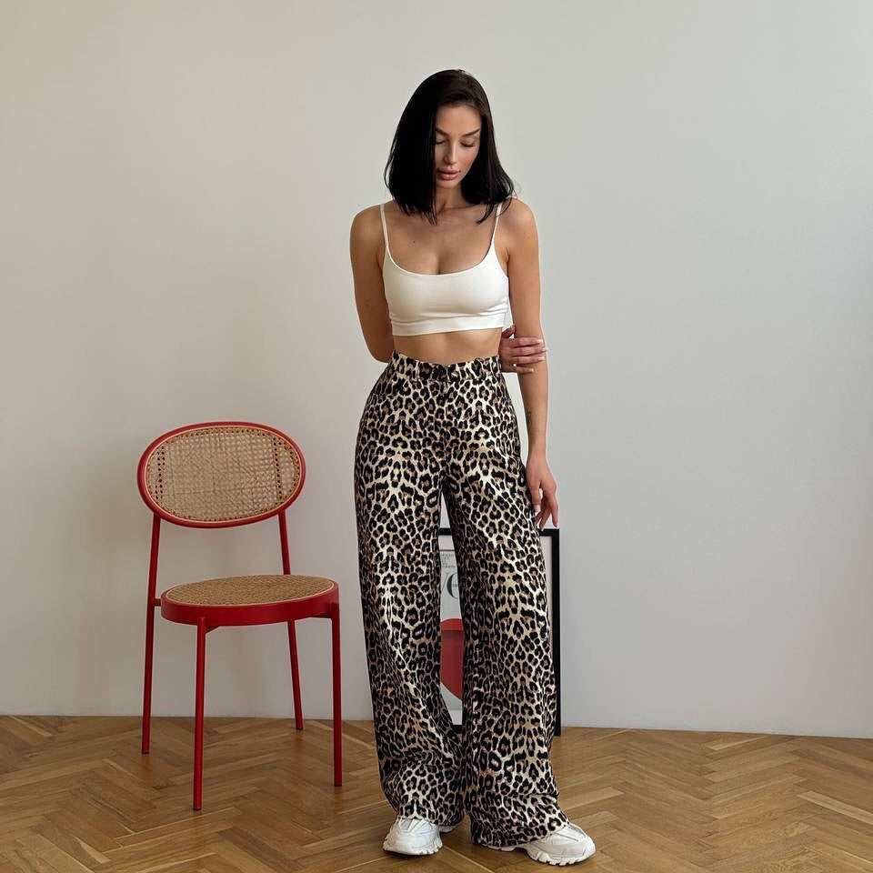 Women's wide-leg leopard-print denim trousers with elasticated waistband NOVAE