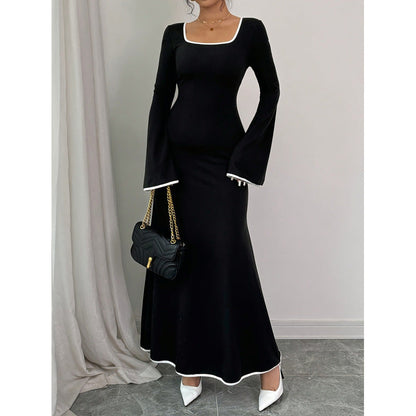 Women's Elegant Maxi Dress with Wide Sleeves and Square Neckline NOVAE