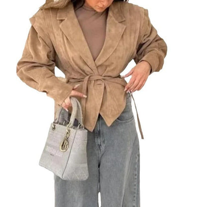 Women's Fashionable Suede Jacket with Waist Belt NOVAE