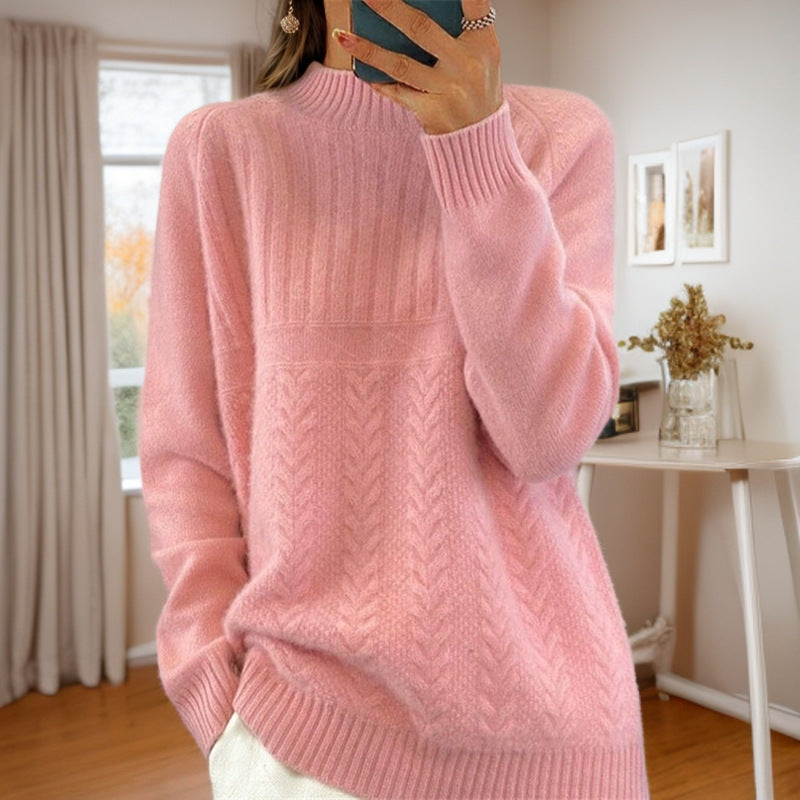 Women's knitted sweater with creative cable pattern and high collar NOVAE