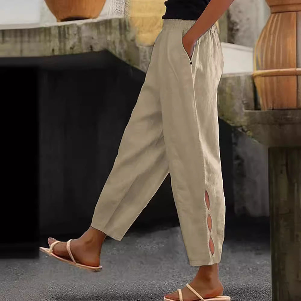 Women's lightweight linen trousers with side slits and elasticated waistband NOVAE