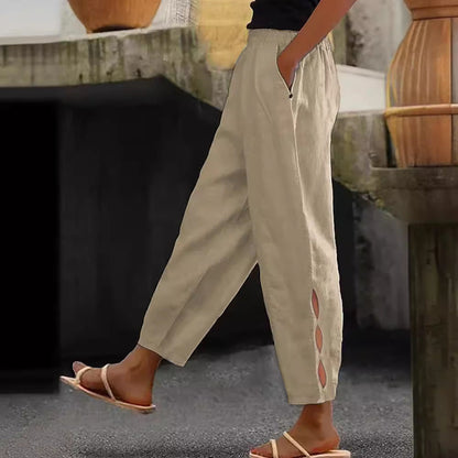 Women's lightweight linen trousers with side slits and elasticated waistband NOVAE