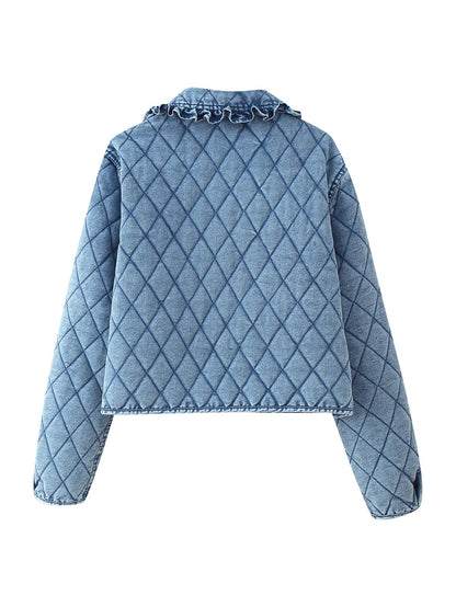 Women's quilted denim jacket with ruffle details and tie closure NOVAE