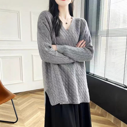 Women's chunky knit sweater with V-neck and relaxed fit NOVAE