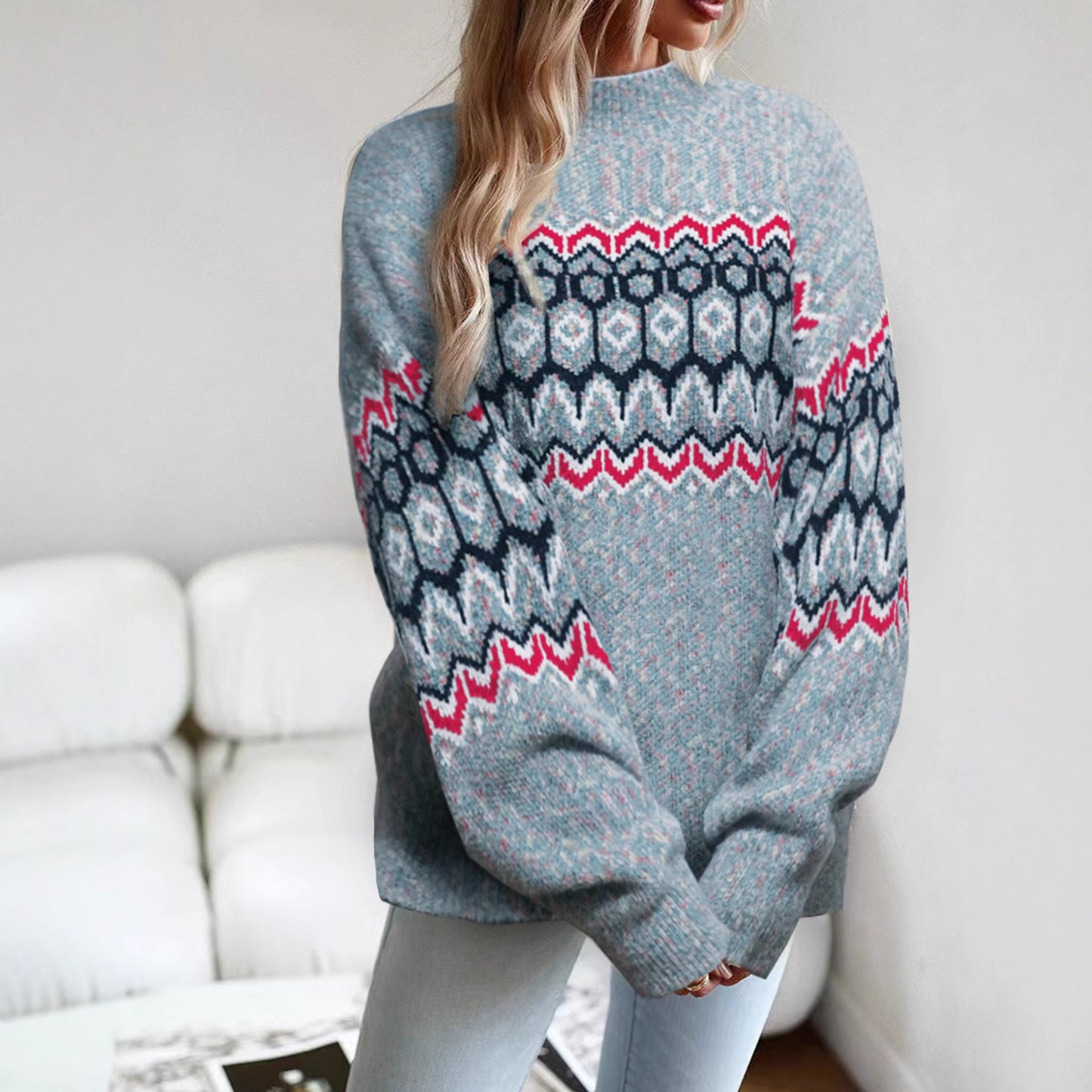 Women's knit sweater with a modern geometric pattern and oversized cut NOVAE