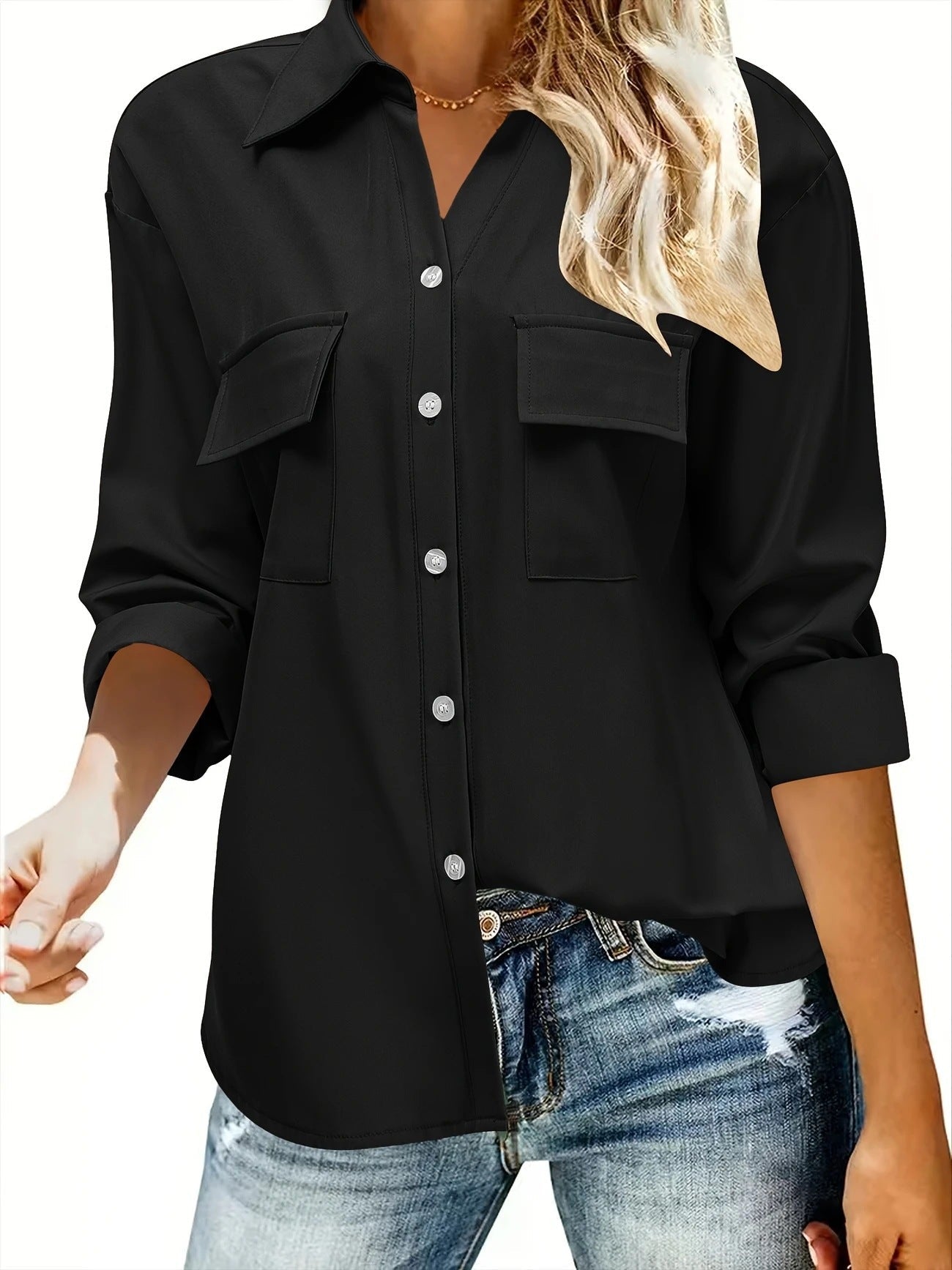 Women's casual long-sleeved blouse with practical chest pockets and button closure NOVAE